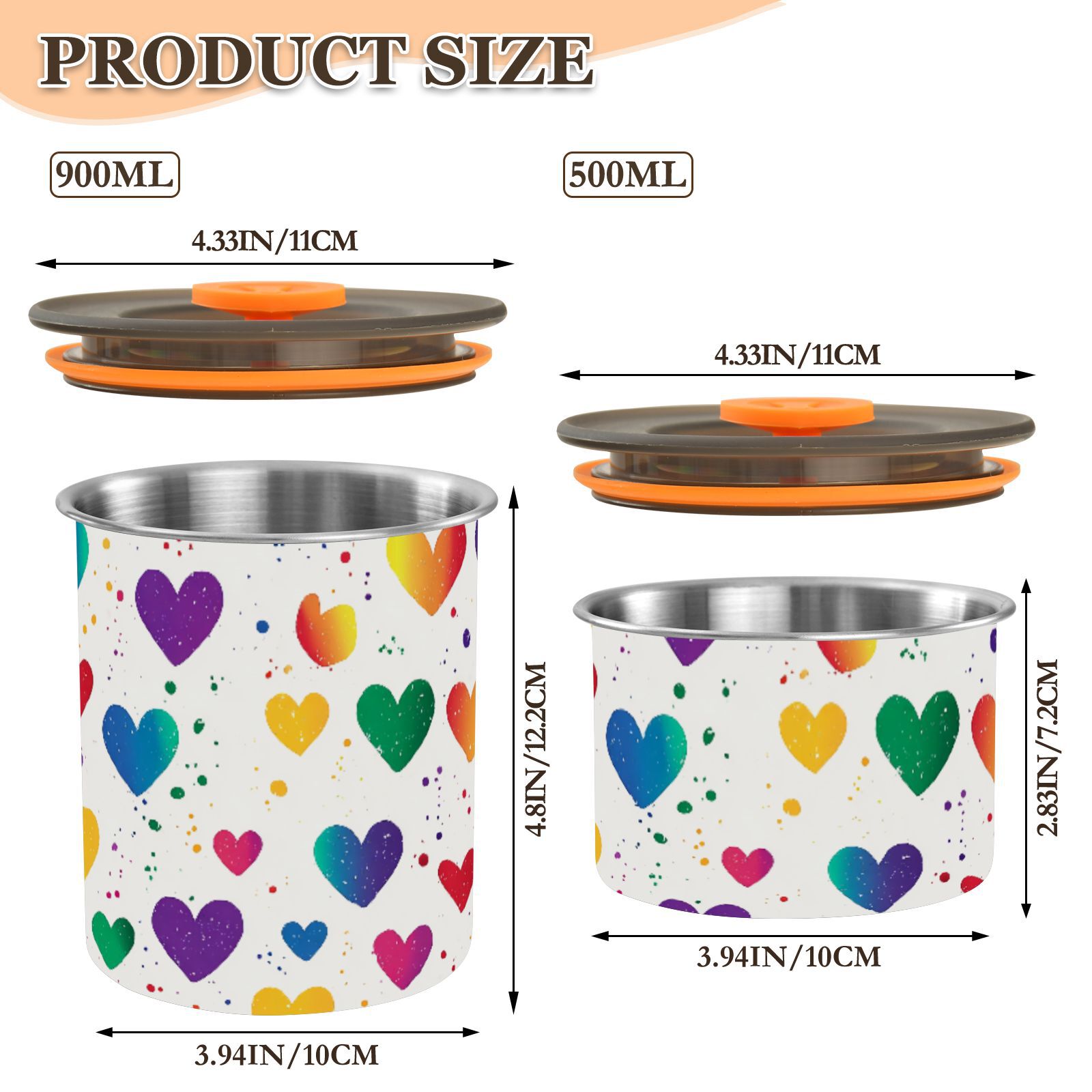 Rainbow Hearts Colorful Airtight Coffee Bean Canister 30oz Food Storage Containers with Lids For Gournd, Tea, Sugar, Flour, Rice, Cereal, Candy Cookie Jar