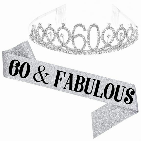 TY"60 and Fabulous" Sash & Rhinestone Tiara Set - 60th Birthday Sash 60 Birthday Gifts Party Favors,silver