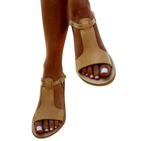 

TAIAOJING Women s Sandals Ladies Plus Size Leather Solid Color Buckle Flat Hollow Out Sandals Zapatillas