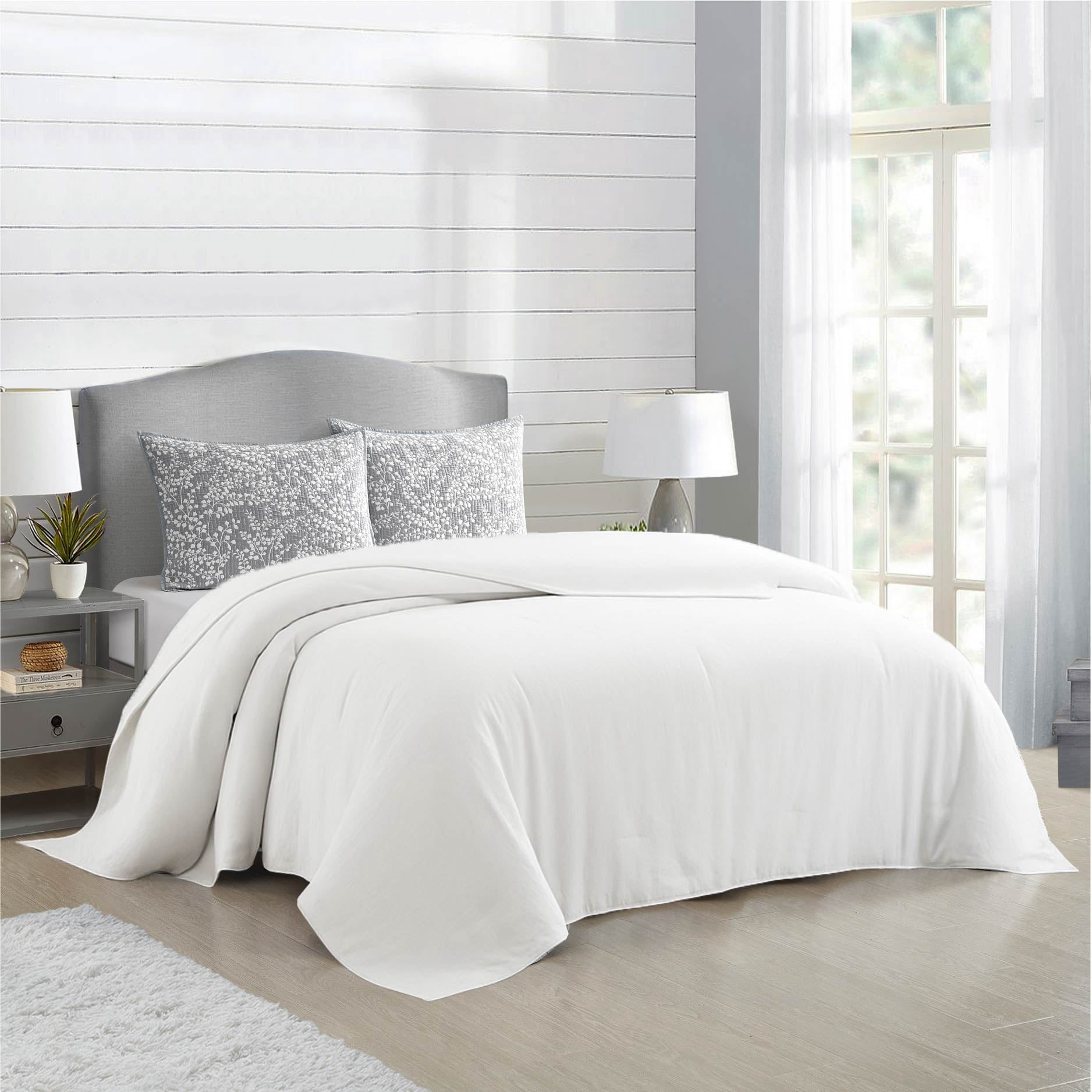 Mainstays Botanical Floral Stitched Pillow Sham, King, Light Grey, 1 Pack