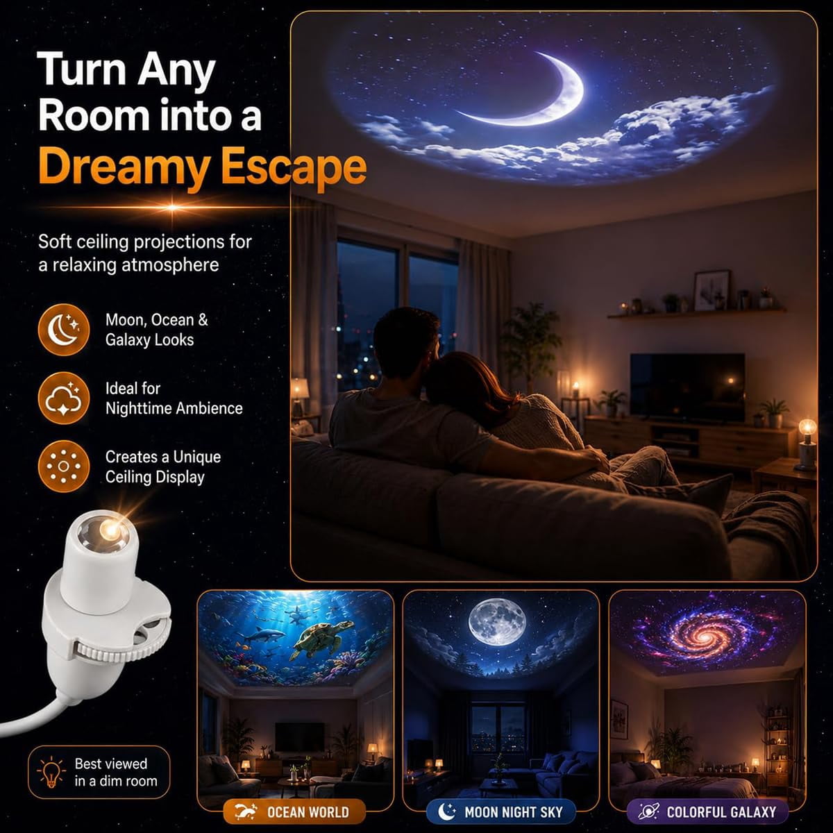 Ocean & Galaxy Projector, Nebula & Ocean Wave Effects, 15 Lighting Modes, Adjustable Night Light for Bedroom, Gaming Room & Home Decor