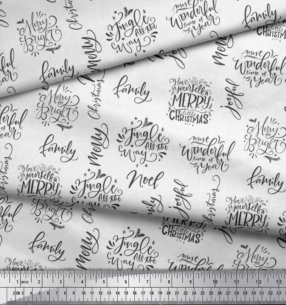 Soimoi White polyester Crepe Fabric Merry Christmas Text Fabric Prints By Yard 52 Inch Wide