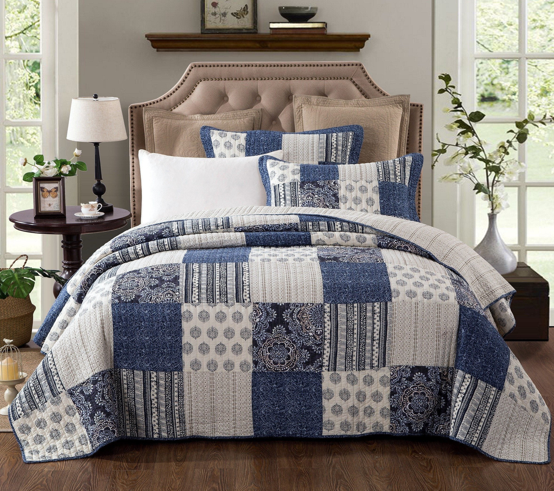 DaDa Bedding Crisp Flannel Warm Tones Cotton Velveteen Patchwork Bedspread Set 