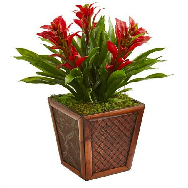 Nearly Natural 6476-R D Triple Bromeliad Artificial Plant in Decorative Planter, Red