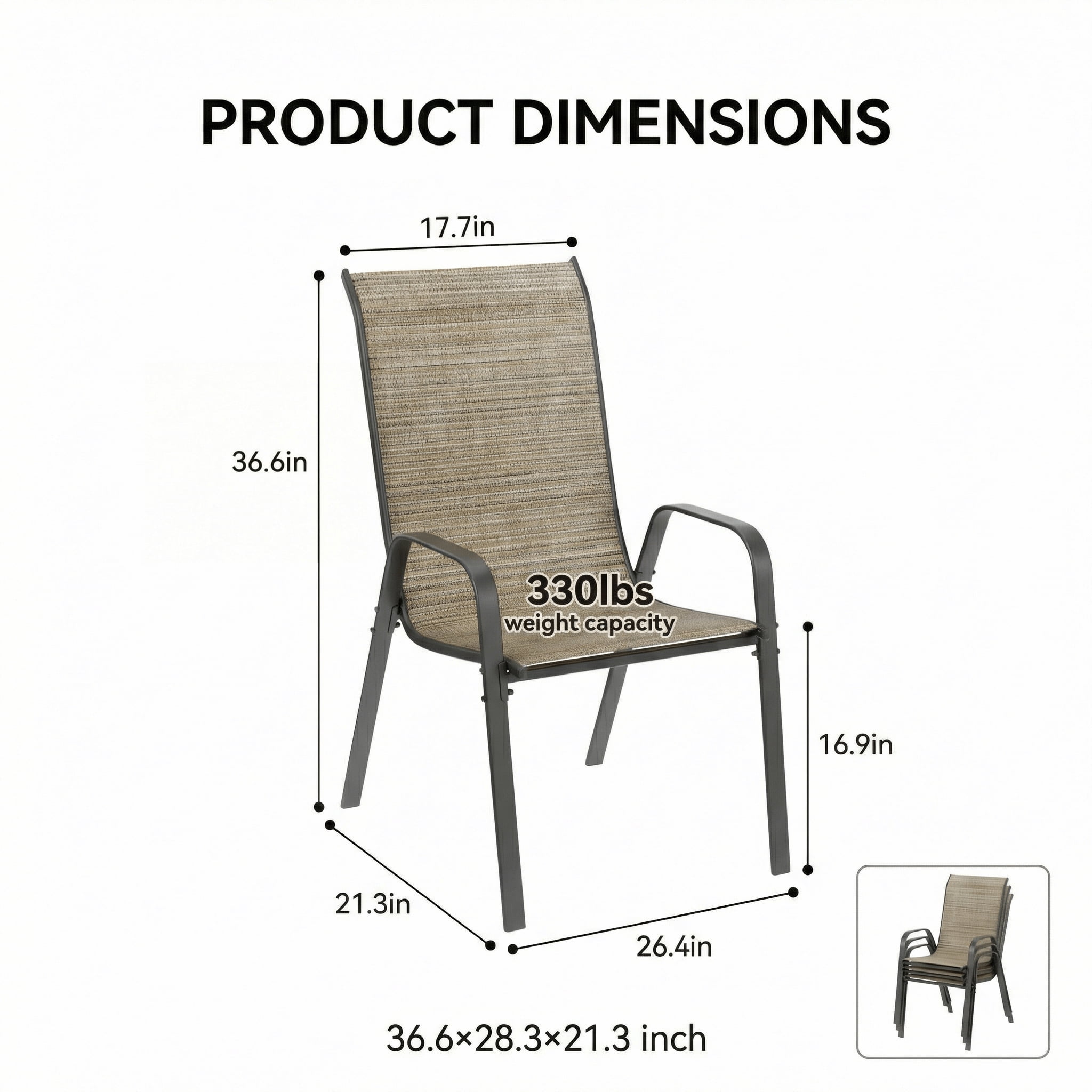 TLSUNNY Outdoor Dining Chairs Set of 4, Patio Dining Chairs w/ Wide Breathable Seat & Metal Frame, Stackable for Poolside, Garden, Backyard, 330lbs