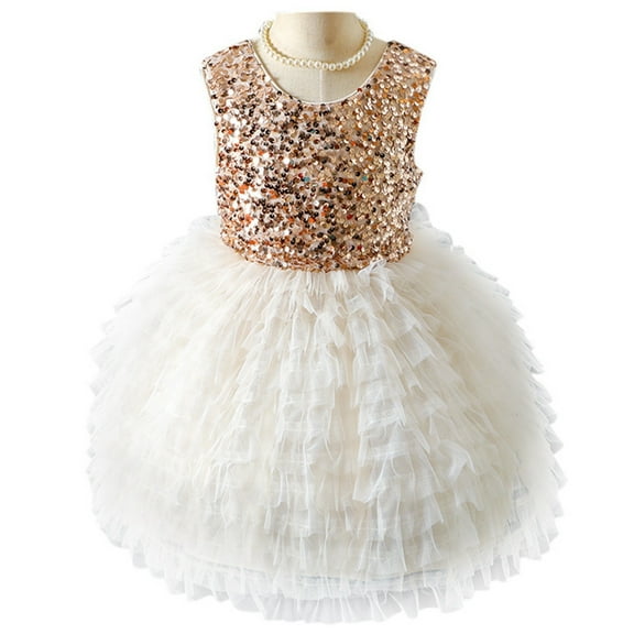 shoper Dress for Girls Crew Neck Sequined Sleeveless Ruffled Mesh Comfortable Princess Dresses Toddler Girl Spring Dress Gold 5Y