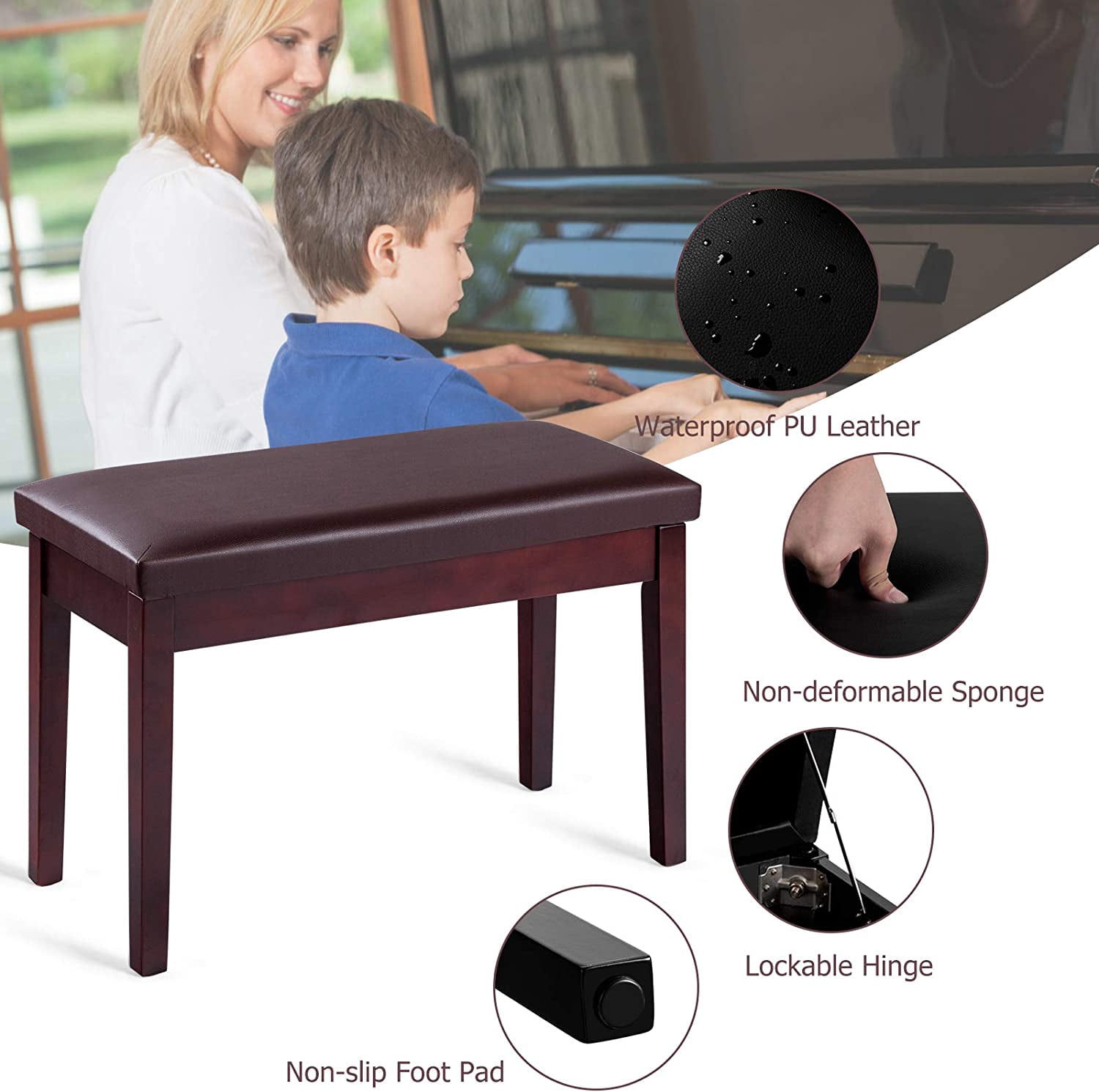 Brown Faux Leather Piano Bench, Solid Wood Construction, Padded Cushion Seat, Hidden Music Storage, Duet Size, Multi-functional Uses