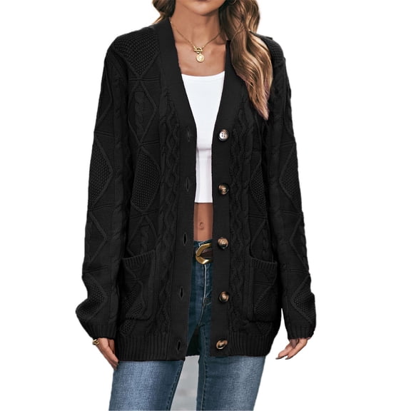 Womens Long Sleeve Cable Knit Sweater Open Front Cardigan Button Loose Outerwear