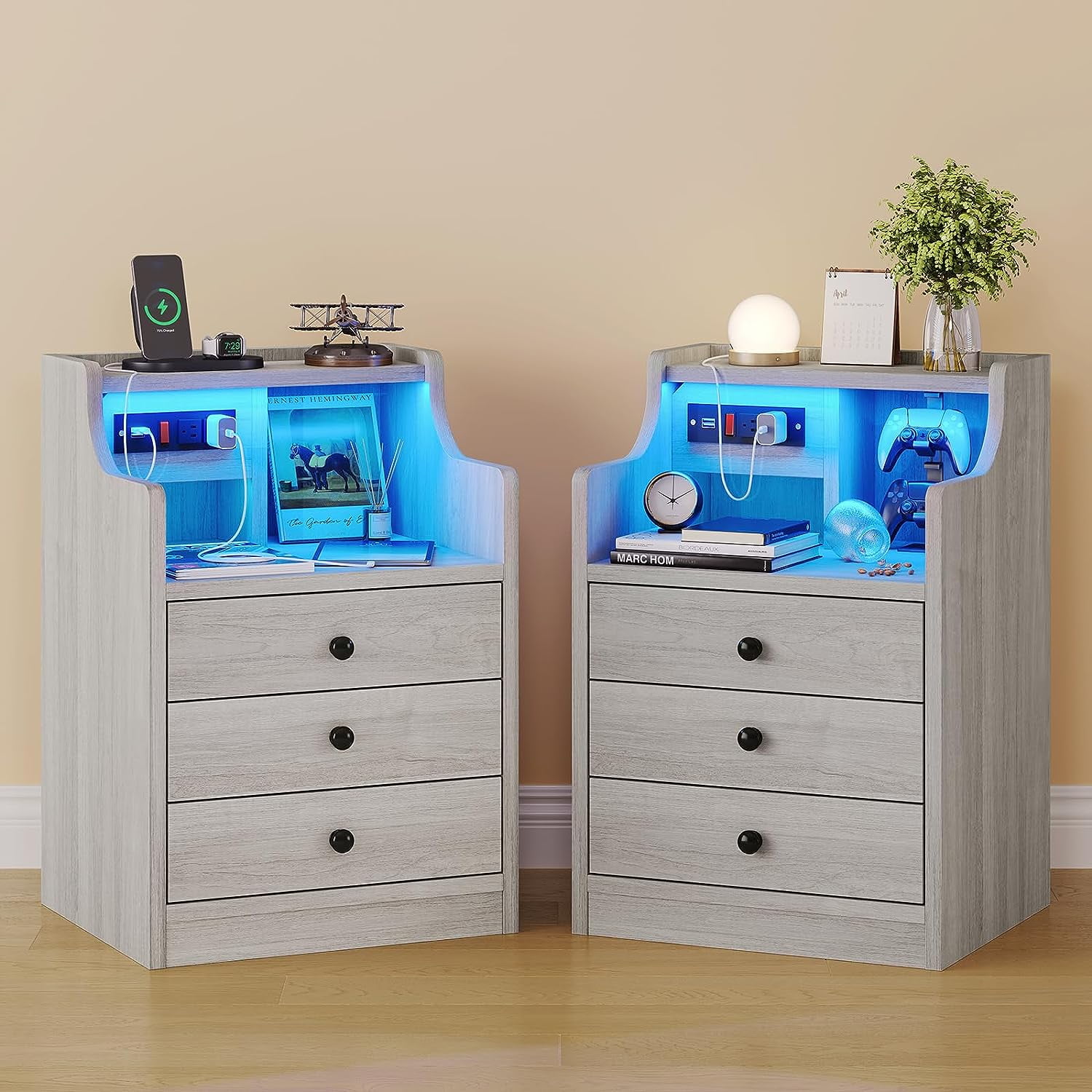Night Stand with Charging Station and LED Ligts,LED Nightstand with 3 Drawers and Hutch,Bedside Table with Shelves,Grey