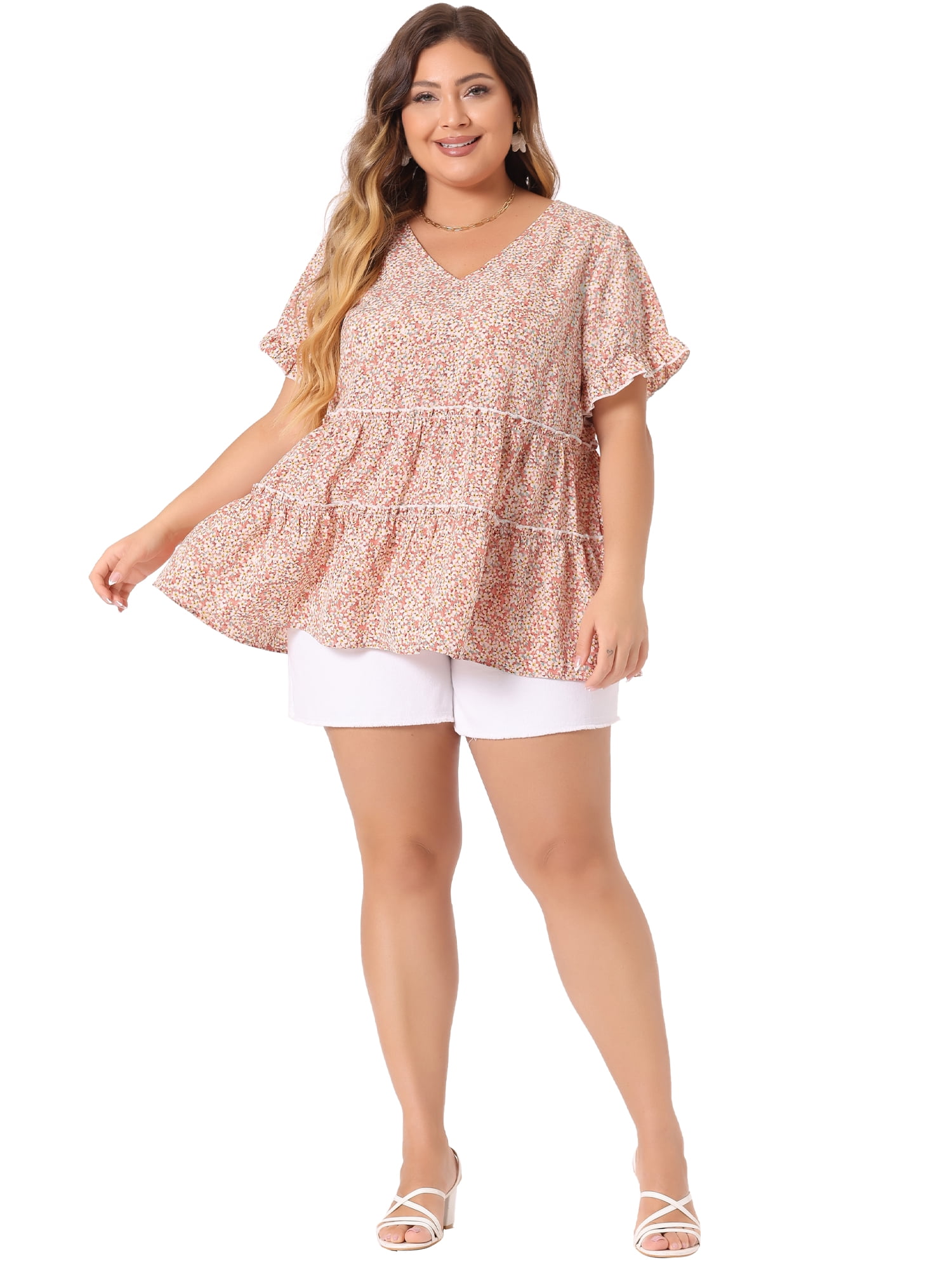 DARING DIVA Women's Plus Size V Neck Short Sleeve Floral Babydoll Blouse 2X Pink