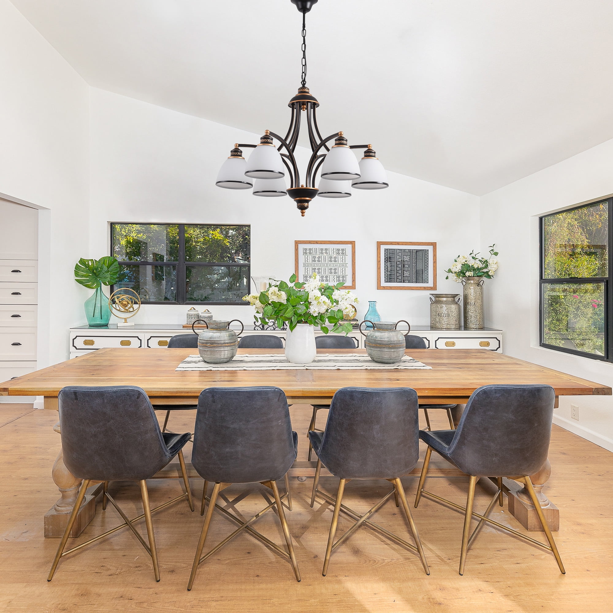 Modern 6-Light Chandelier With Frosted Shade,Metal Lights Fixture, Adjustable Height Pendant Lighting, Black Chandeliers for Dining Room Kitchen Island, Hanging Lights for Bedroom Farmhouse