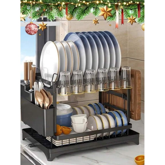 WFPXAMLZZMD-Dish Drying Rack: 2 Tier Dish Racks for Kitchen Counter and Sink - Large Dish Drying Rack with Drainboard & Utensil Holders - Kitchen Organization Storage-Black