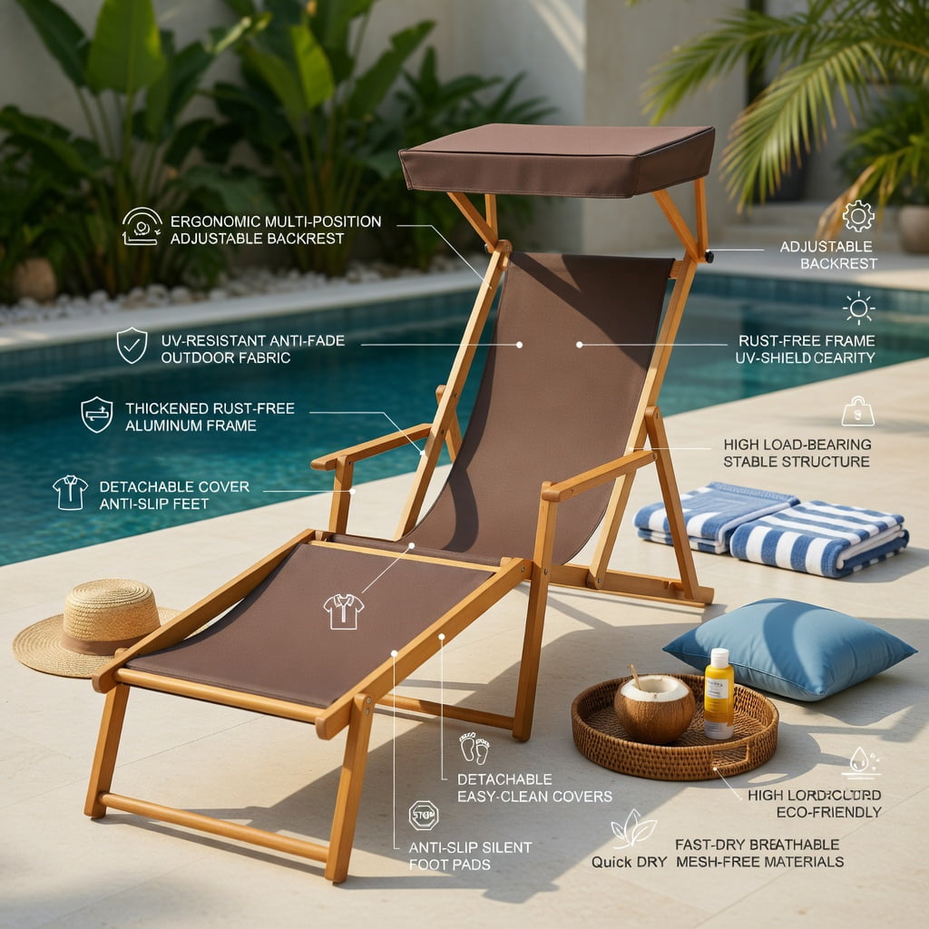 Hommoo Foldable Birch Wood Chaise Lounge Chair with Adjustable Canopy, Outdoor Beach Chair for Patio, Poolside & Garden, Brown