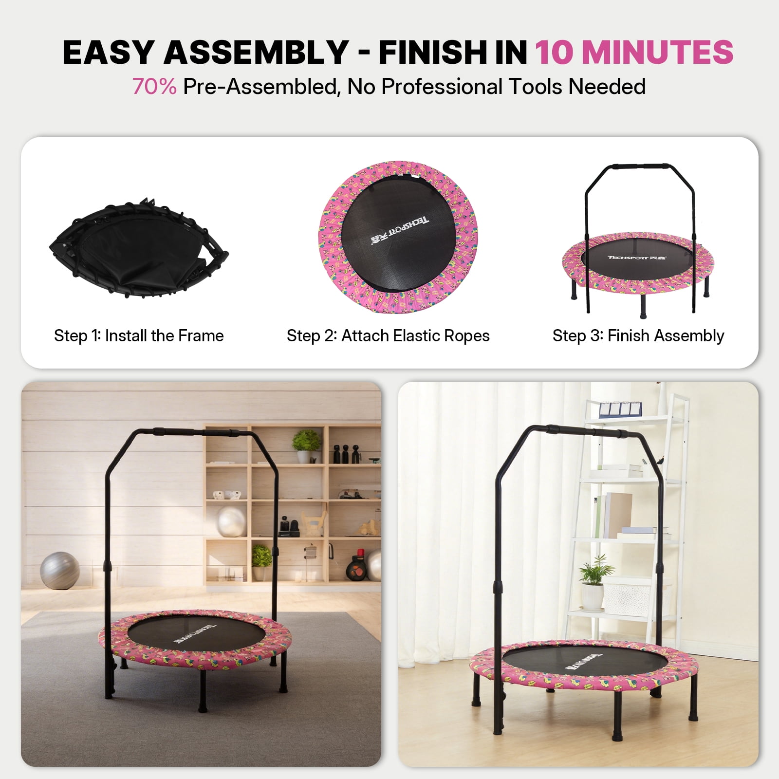 36 Inch Fitness Trampoline with HA-Type Handlebar – Quiet Mini Trampoline with Silent Elastic Ropes, 10-Minute Fat Burning Cardio Workout at Home, Easy Assembly, Pink