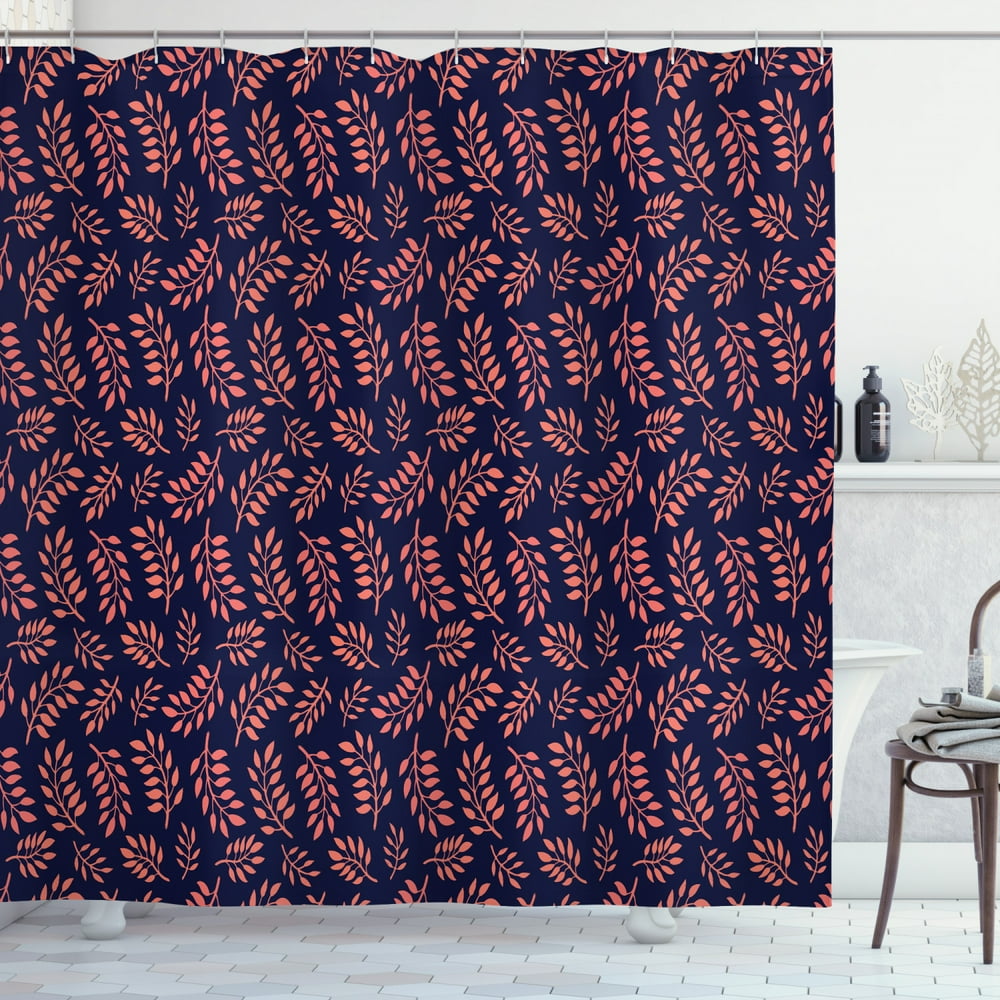 Coral and Navy Shower Curtain, Continuous Pretty Pattern with Leafy