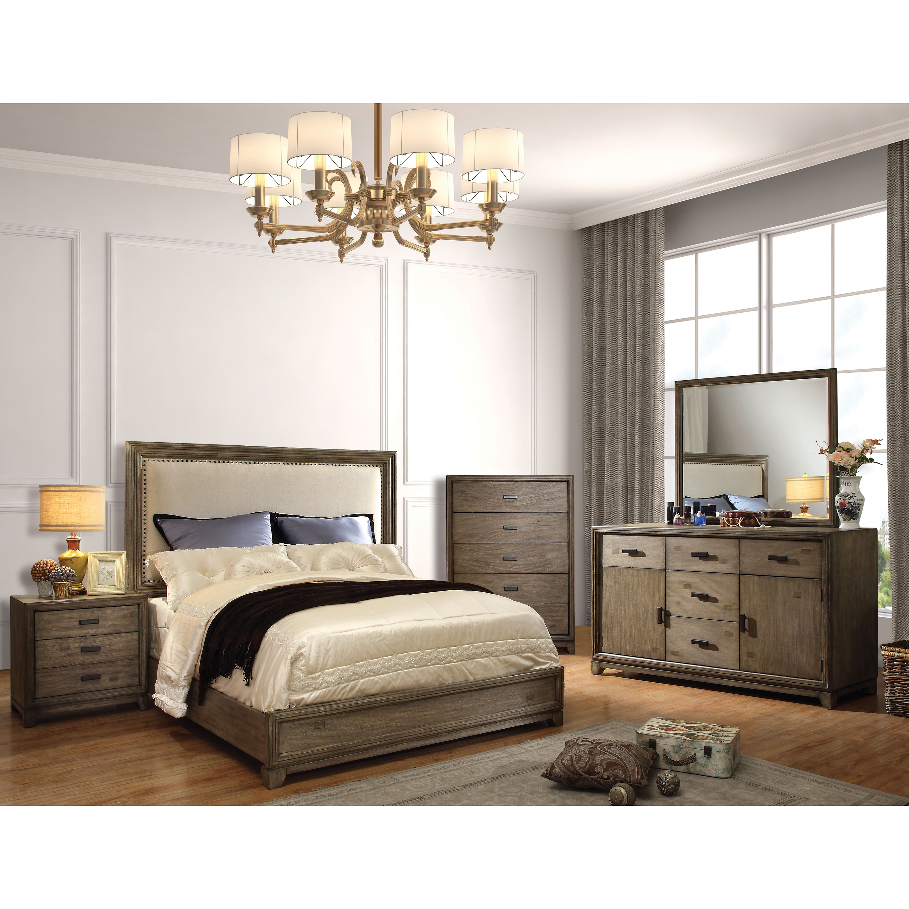 Furniture of America Traline Wood Panel Bed, Queen, Natural Ash and Ivory