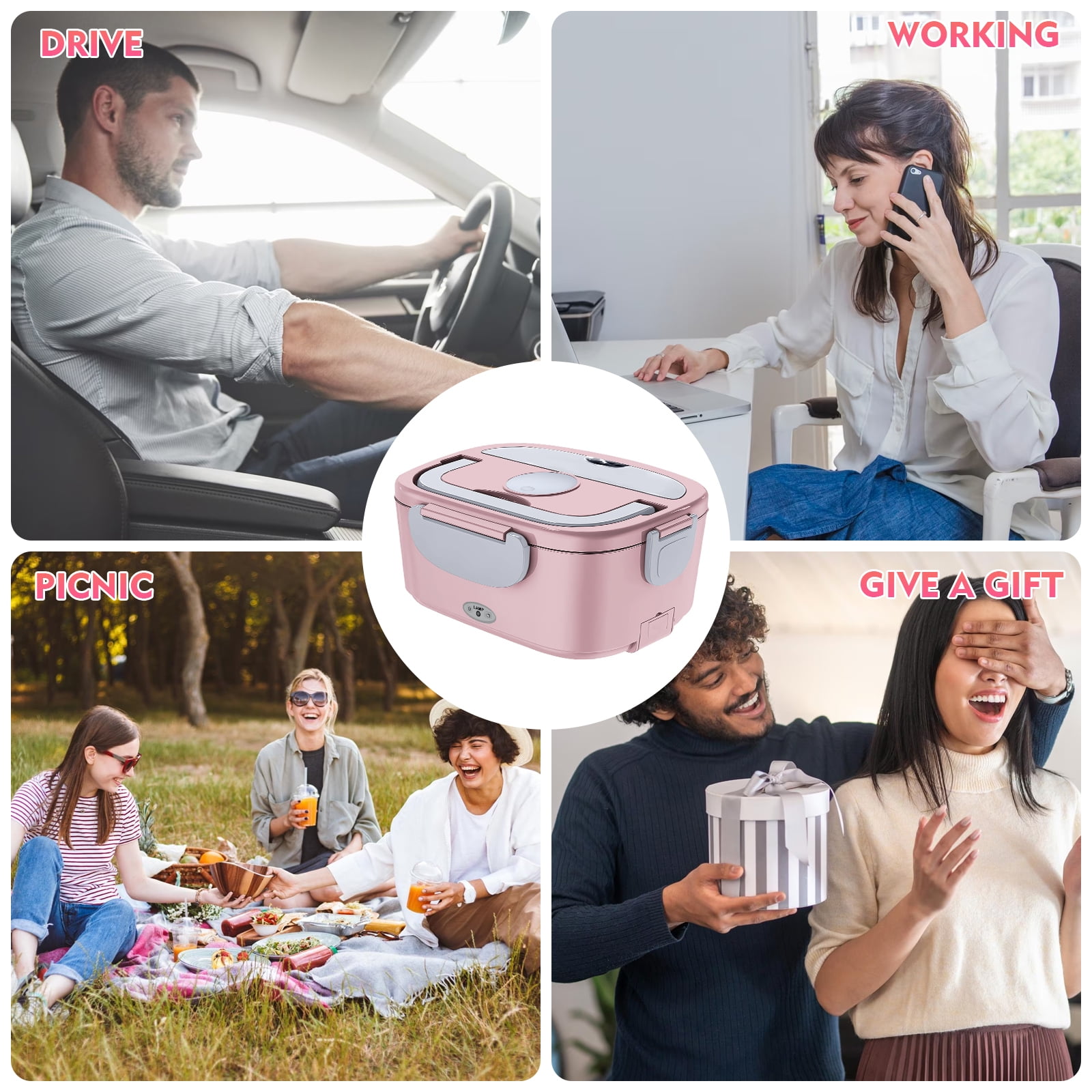 Electric Lunch Box -DFITO Fast 65W Food Heater 3-In-1 Portable Food Warmer Lunch Box W/Leak proof, 2 Compartments, Removable 304 Stainless Steel Container, Fork, Spoon and Carry Bag,Pink