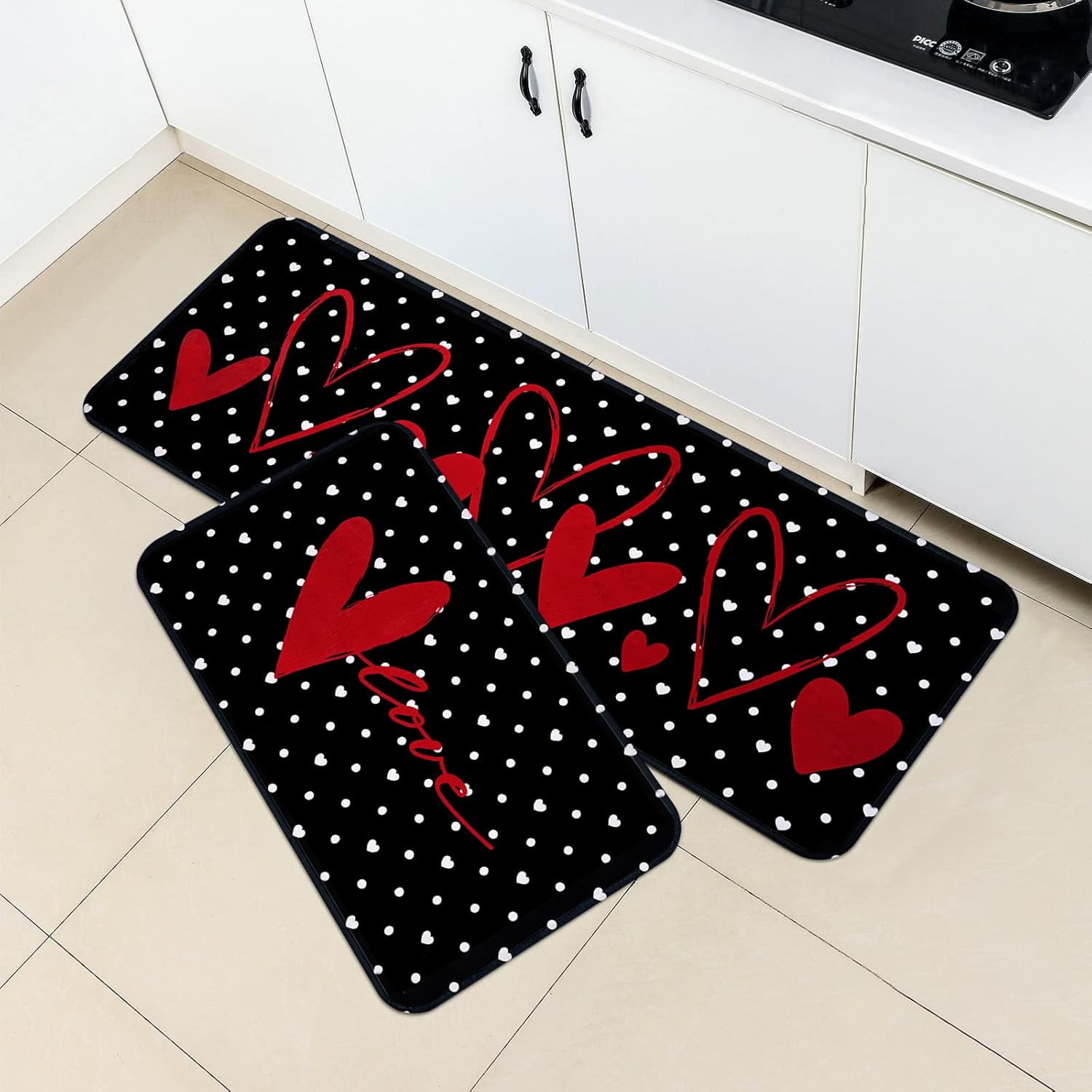 2 Pcs Valentines'' Day Kitchen Rugs, Black Kitchen Area Rug Set, Love Heart Doormat Set with Non Slip Backing, Absorbent Anti Fatigue Kitchen Mats for Laundry Room Floor Bedroom Home Decor