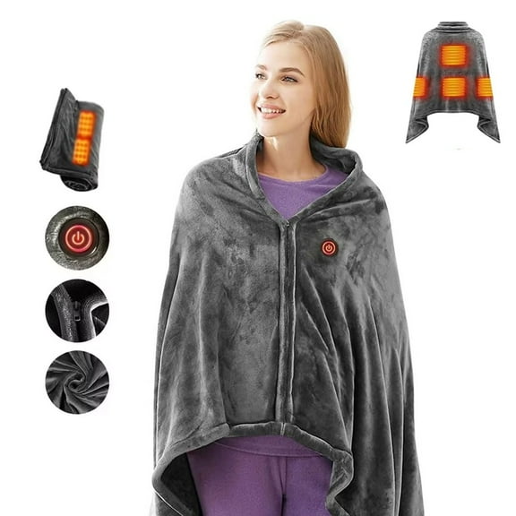 Wiher Portable Electric Heat Blanket, USB Heated Blanket Shawl with Zipper Adjustable 3 Levels Temperature, Soft Warm and Washable for Home Office Sofa Travel, Gray 59'' x 33.5''