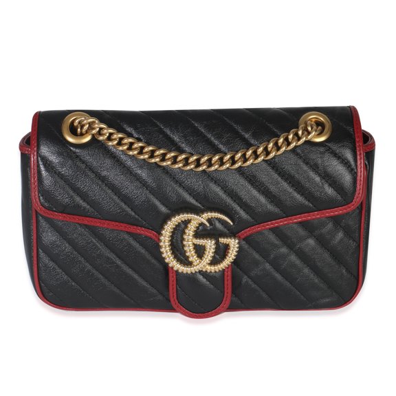 Pre-Owned Gucci Red Black Calfskin Matelasse Diagonal Torchon Small GG Marmont Bag