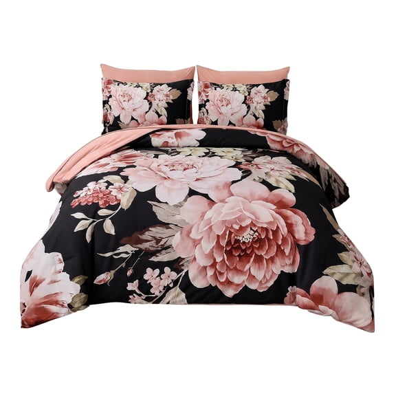 7‑Piece Queen Bed‑in‑a‑Bag Set, Pink‑Black Floral Bedding with Comforter, Flat & Fitted Sheets and Pillow Covers for Bedroom