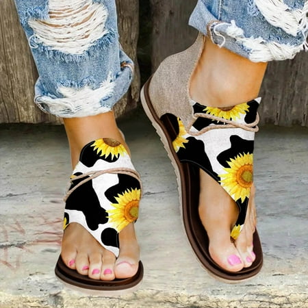 

XIAQUJ Fashion Spring and Summer Women Sandals Flat Bottom Light Sunflower Cow Print Canvas Back Zipper Comfortable Casual Style Sandals for Women Khaki 8.5(41)