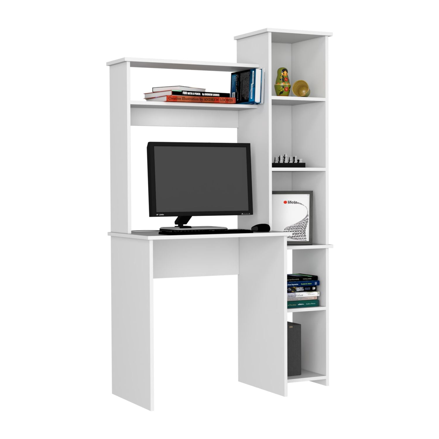 Asteroutdoor Aramis Desk with Hutch and Side Bookcase, Light Gray, 38.7 in Wide, Five Open Shelves, Two Hutch Shelves, Space-Saving Home Office Desk