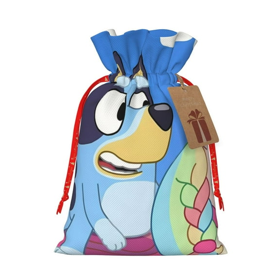 Masiiu Bluey Print Christmas Gift Bag, Burlap Drawstring Pouch with Kraft Paper Card for Holiday, Party, and Birthday Wrapping-Small