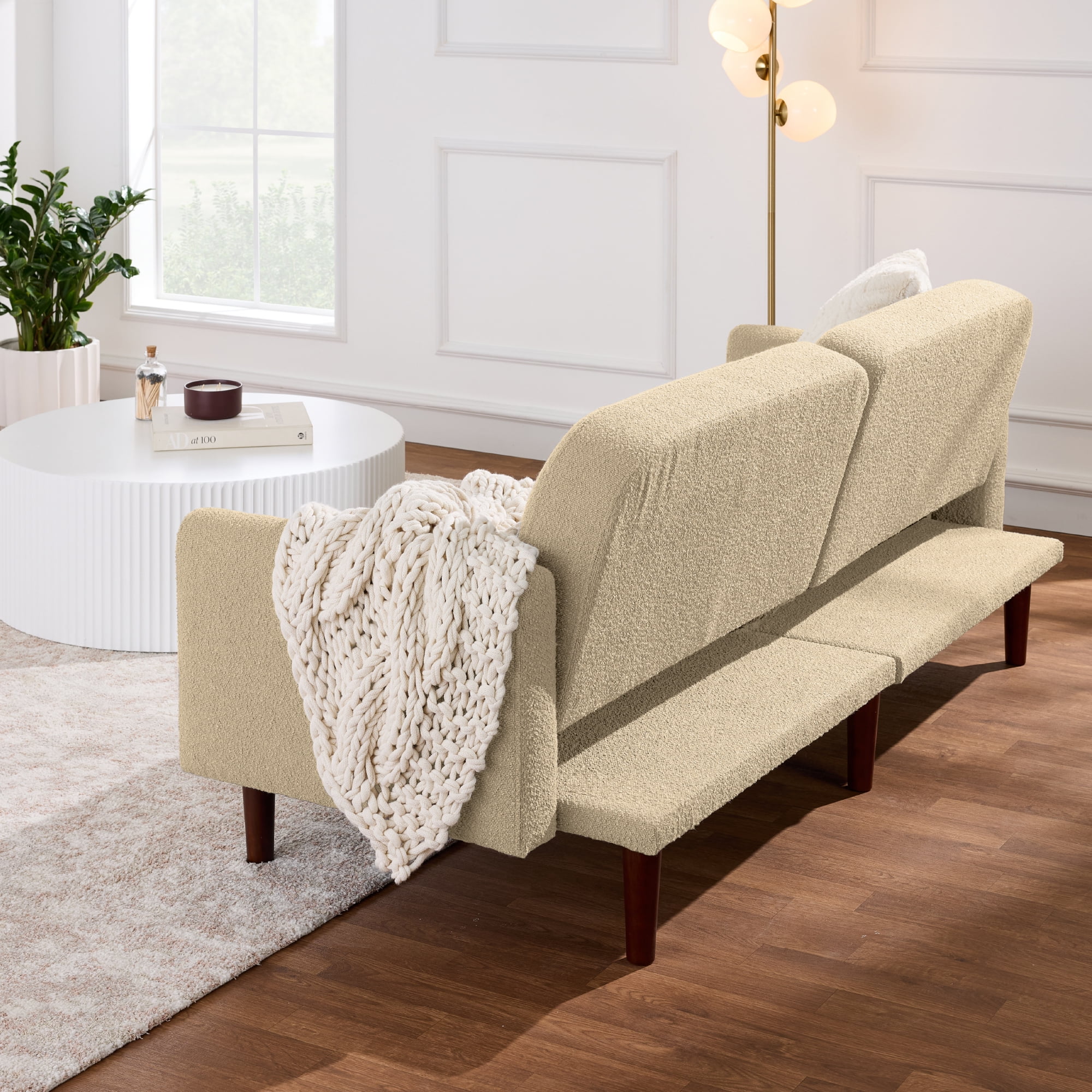 Best Choice Products Curved Convertible Futon, Boucle Fabric Split-Back Sleeper Bed - Oatmeal