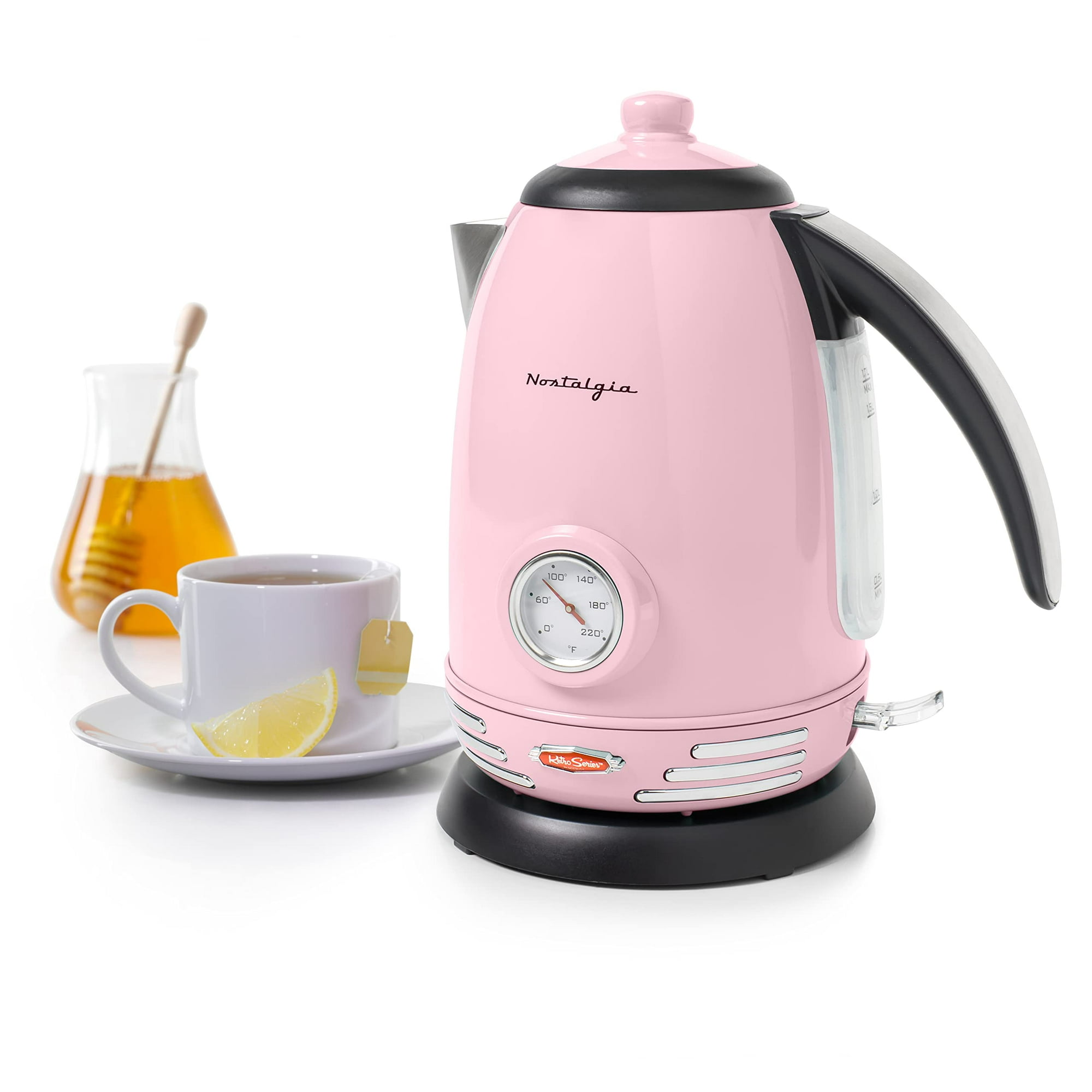 Nostalgia Retro 1.7 Liter Stainless Steel Electric Water Kettle with Strix Thermostat Pink