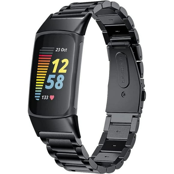 Bands Compatible with Fitbit Charge 6/Charge 5 Metal Stainless Steel WatchBand-Replacement Classic Durable Solid Link Accessory Buckle Metal Strap Wrist Band for Charge 6/Charge 5 Fitness Tracker