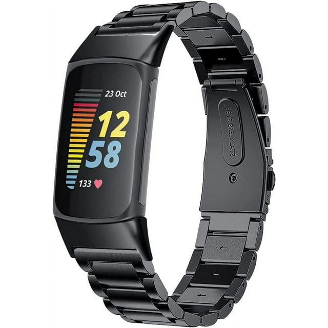 Bands Compatible with Fitbit Charge 6/Charge 5 Metal Stainless Steel WatchBand-Replacement Classic Durable Solid Link Accessory Buckle Metal Strap Wrist Band for Charge 6/Charge 5 Fitness Tracker