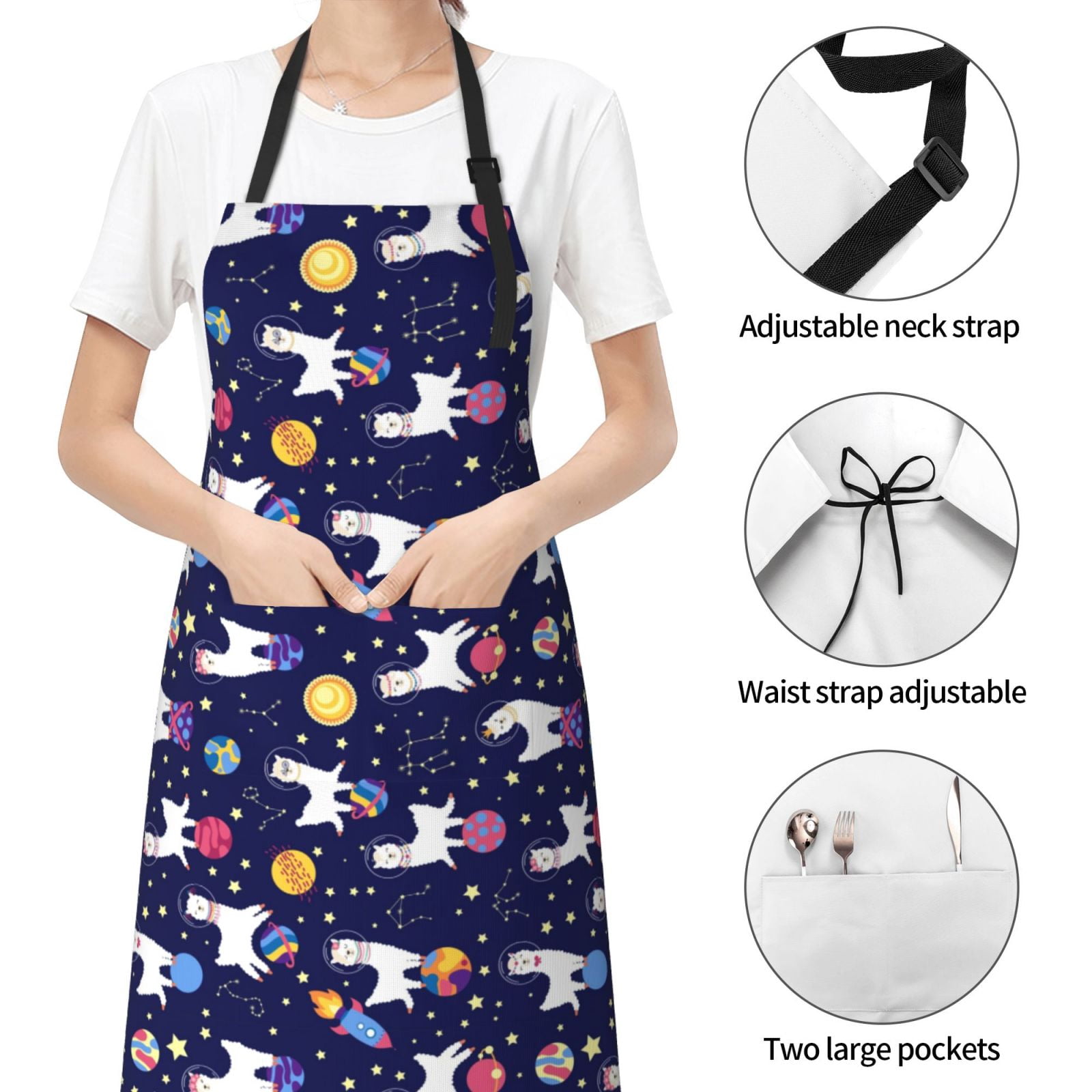 Kdxio Lama in Space Apron with Pockets Adjustable Kitchen Aprons for Men Women Waterproof Aprons for Cooking,Drawing,Crafting, Baking Household Cleaning