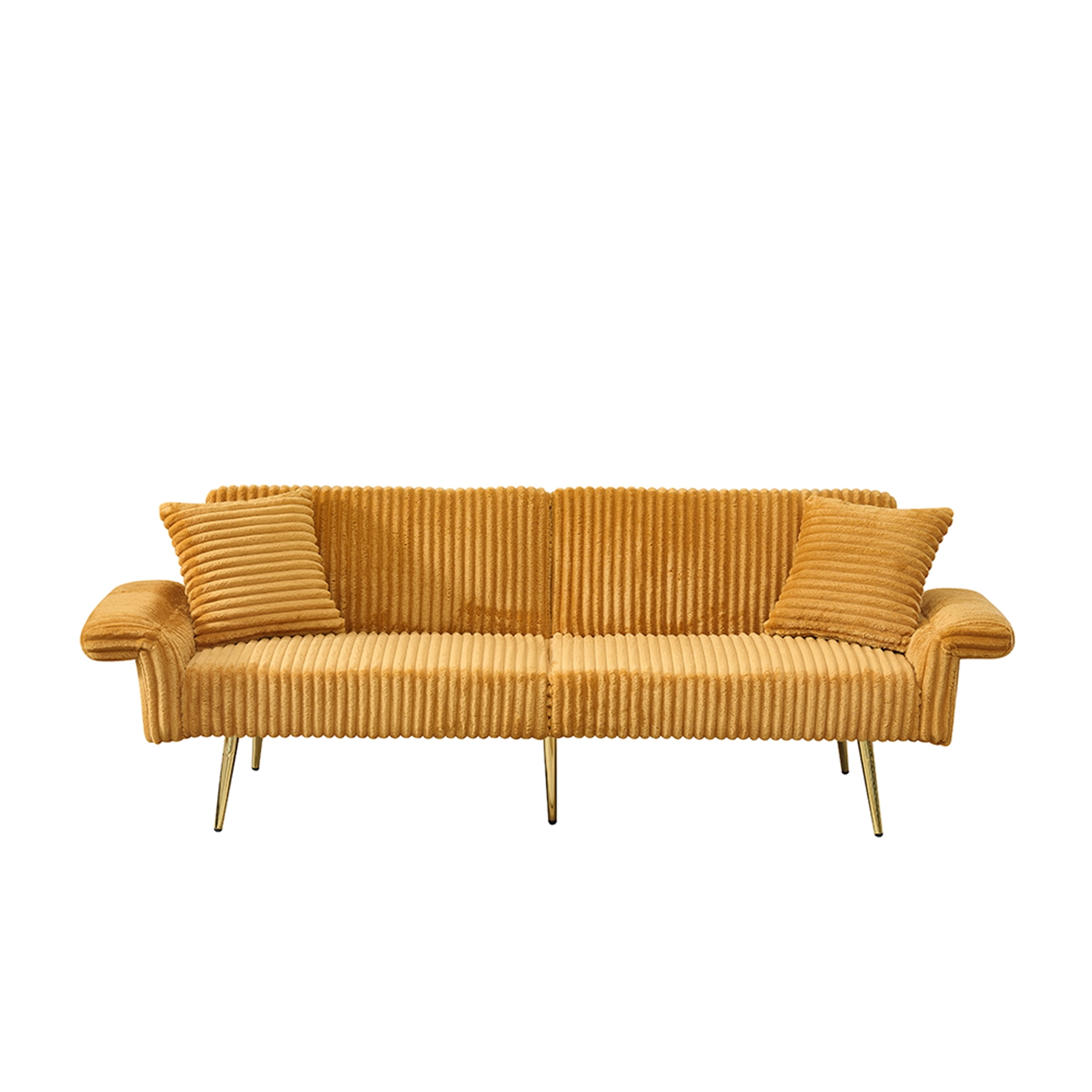 Aukfa 79" Corduroy Convertible Futon Sofa Bed, 3-Position Adjustable Armrests, 2 Pillows, Yellow