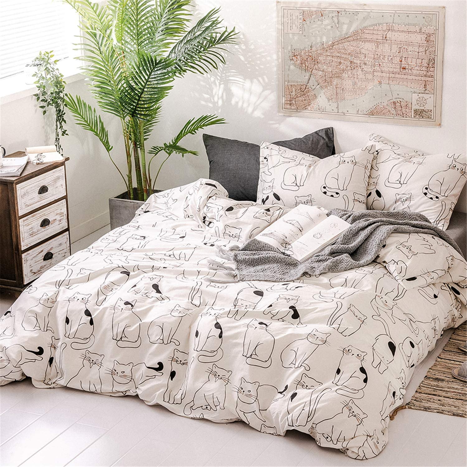 BBSET 3 Pcs Cats Duvet Cover Set Queen, 100 Cotton Bedding, Various