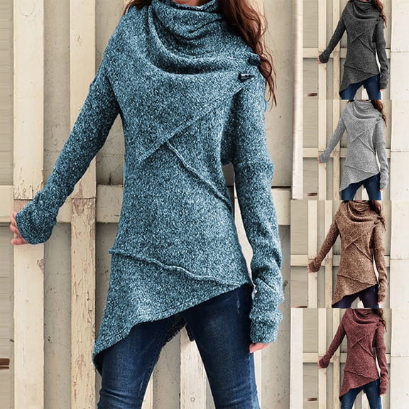 Joernso Vintage Women Autumn Winter Turtleneck Knitted Sweater Irregular Hem Slim Jumper