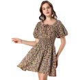 thumbnail image 1 of Unique Bargains Robe Courte à Manches Bouffantes et Taille Smockée à Col Carré Imprimé Floral pour Femmes Noir m, 1 of 6
