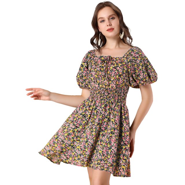 Unique Bargains Robe Courte à Manches Bouffantes et Taille Smockée à Col Carré Imprimé Floral pour Femmes Noir m