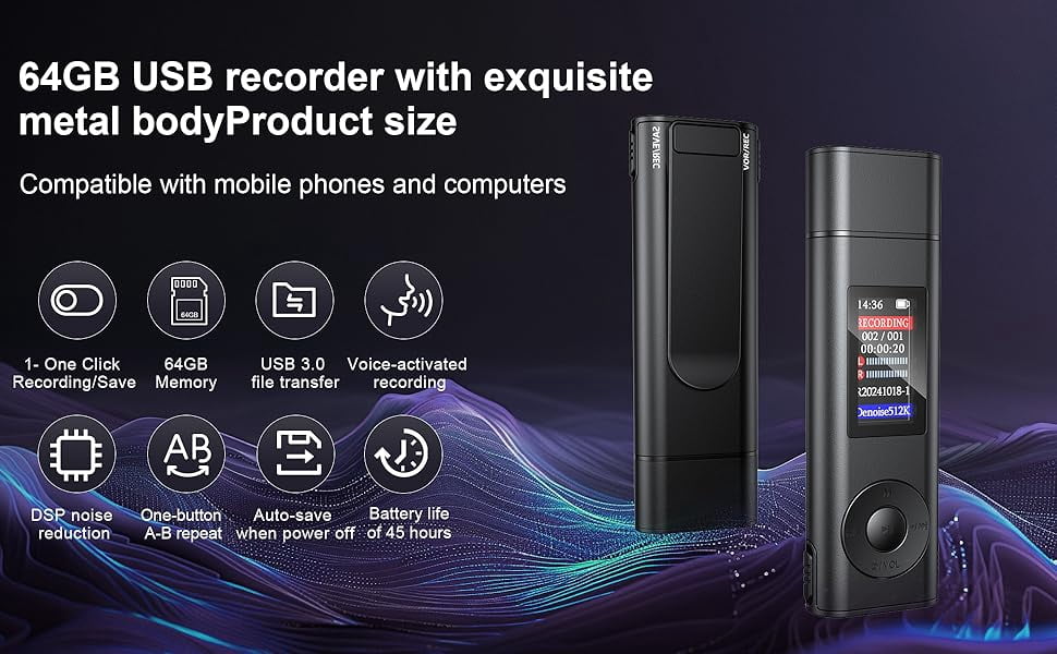 MUSICOZY Digital Voice Recorder 64GB USB Voice Activated Audio Recorder Small and Portable Voice Recorders with Playback Digital Voice Recorder for Meetings/Interviews/Classroom,Support to 256GB