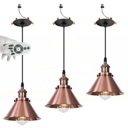 

FSLiving Compatible E26 Socket Can Recessed Mounted Instant ON Pendant Light Industrial Style Red Bronze Lampshade Adjustable Height Remote Control Smart Edison LED Bulbs for Kitchen Island