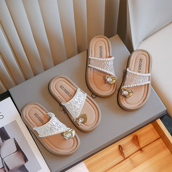 HAOTAGS Girls Slide Sandals,Pearl Embellished Backless Mules Open Toe Non-Slip Sandals White 6T
