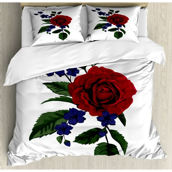 Rose Duvet Cover Set, Rosebud with Little Blossoms Leaves Love and Passion Theme, Decorative 3 Piece Bedding Set with 2 Pillow Shams, Queen Size, Hunter Green Violet Blue, by Ambesonne