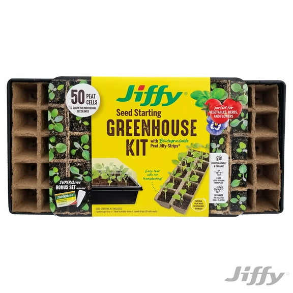 Jiffy 50 Cell Seed Starting Strips Greenhouse Kit, Reusable Tray And Humidity Dome