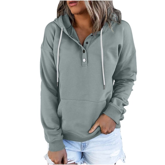 LEAVINGSUO Womens Tops Womens Fashion Womens Plus Size Fall Winter Women's Hooded Solid Color Long-sleeved Sweatshirt Casual Blouse Pullover Tops Gray M