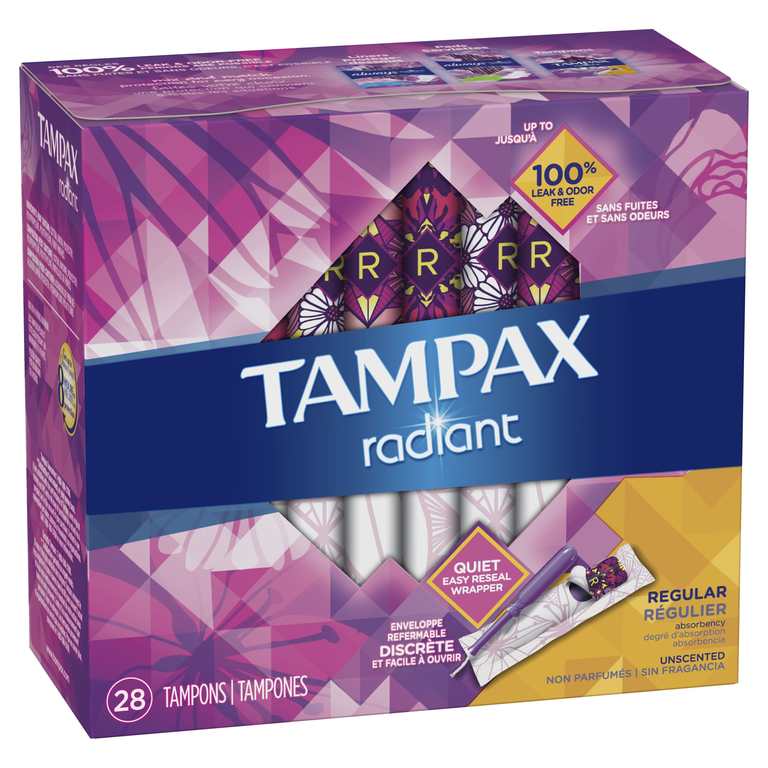 Tampax Radiant Regular Absorbency Plastic Tampons, Unscented, 28 Ct