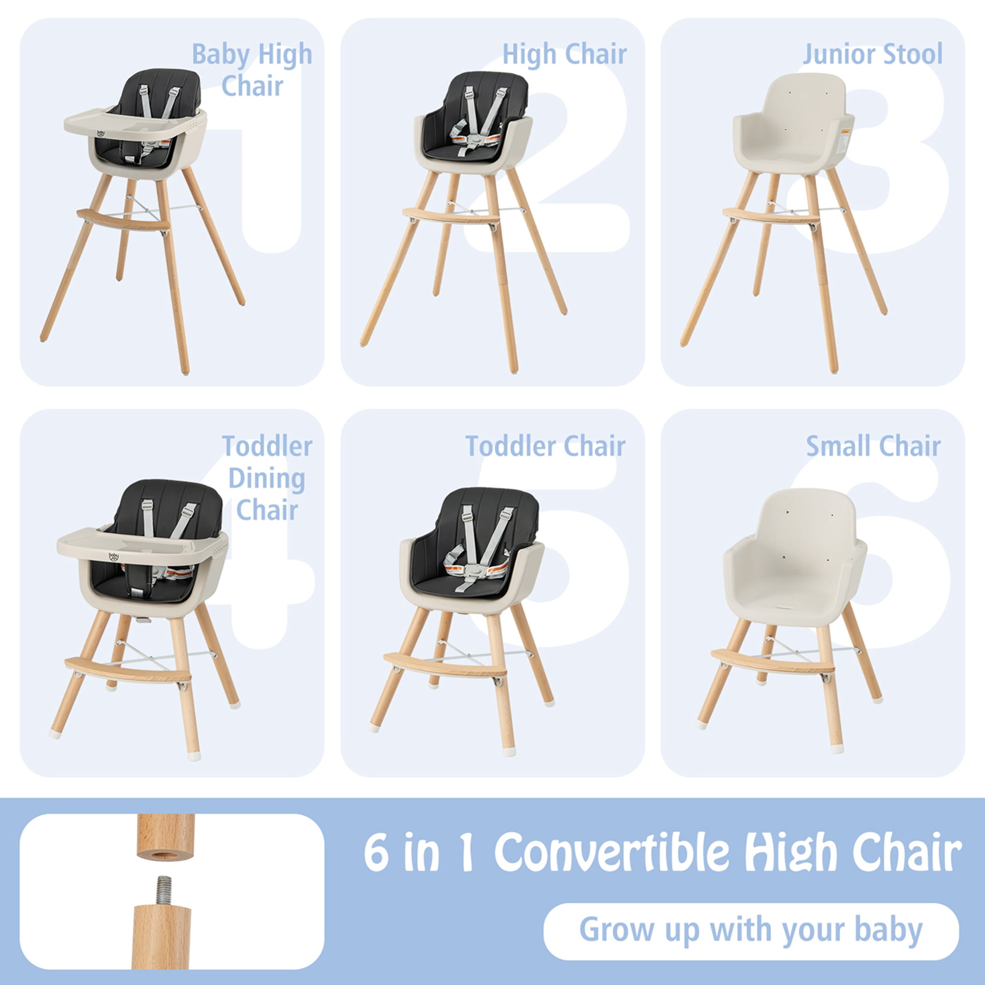 Babyjoy 3 in 1 Convertible Wooden High Chair Toddler Feeding Chair with Cushion Black