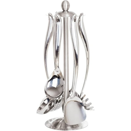

304 Stainless Steel Cooking Utensils Set with Holder 7-Pieces All Metal Kitchen Utensils with Rotating Stand Spatula Soup Ladle Skimmer Spoon Slotted Spatula Tunner Spaghetti Spoon Large Spoon