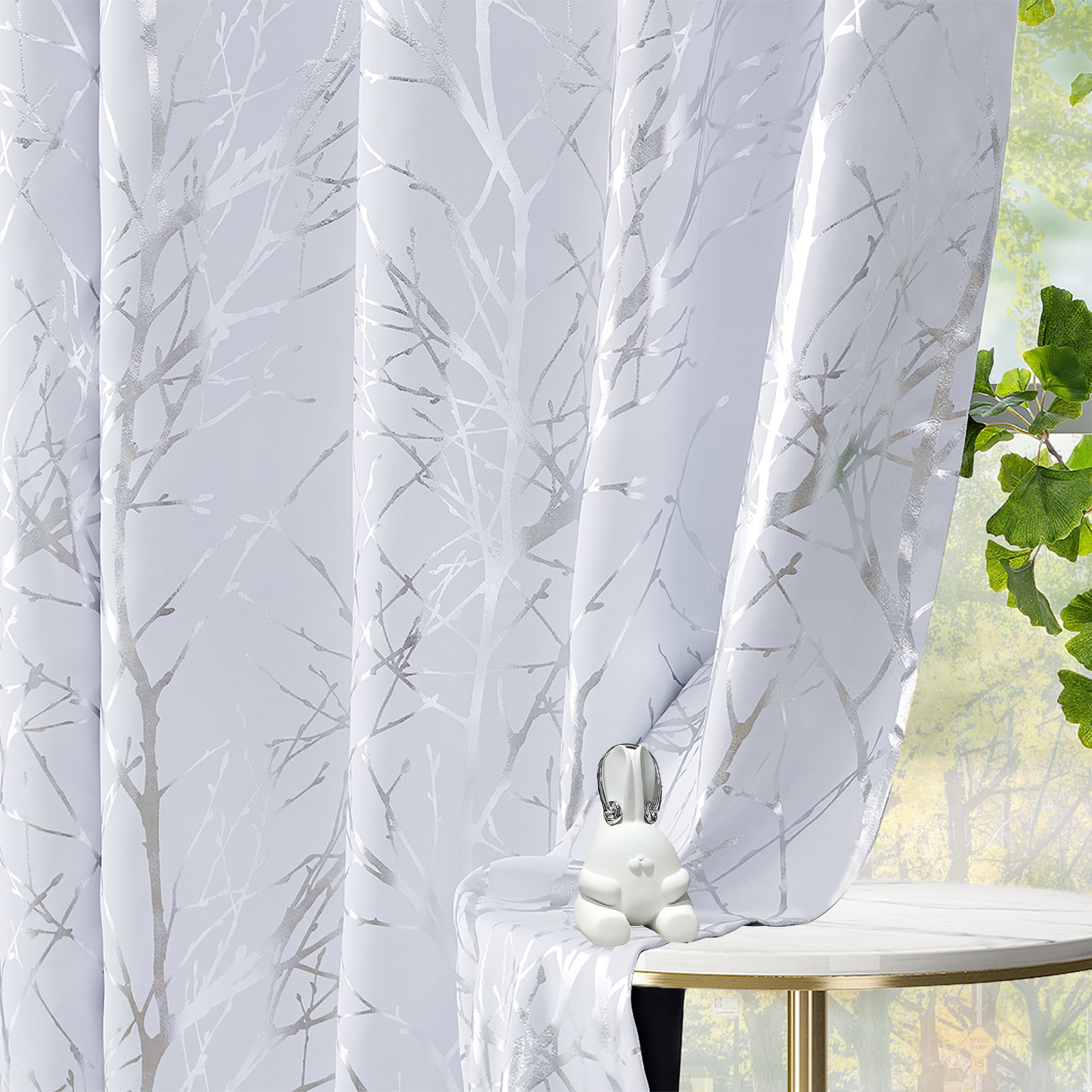 Decoultimatex Silver White Tree Branch Metallic Blackout Window Curtain Panel Light Blocking Noise Reduction Drapes, Grommet Top, 50"x 96"x 2