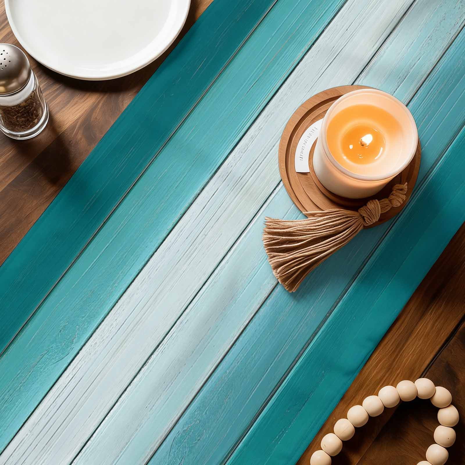 Aqua Ombre Table Runner Linen Burlap Table Runner 90 Inches Long Vintage Country Wooden Dresser Scarves for Kitchen Island Coffee Dining Room Party Wedding Banquet Holiday Decoration 13"x90"