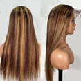 thumbnail image 3 of 4/27 Highlight Ombre Lace Front Wig Human Hair, Straight 13x4 HD Transparent Lace Frontal Wigs Colored, Honey Blonde Glueless Lace Front Wigs Pre Plucked with Baby Hair 180 Density 26 Inch, 3 of 6